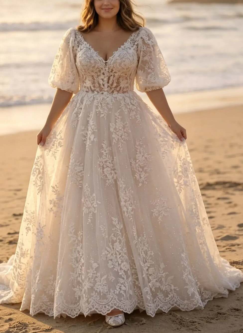 V-Neck Long Sleeve Tulle and Lace Wedding Dress - Picture 7 of 9